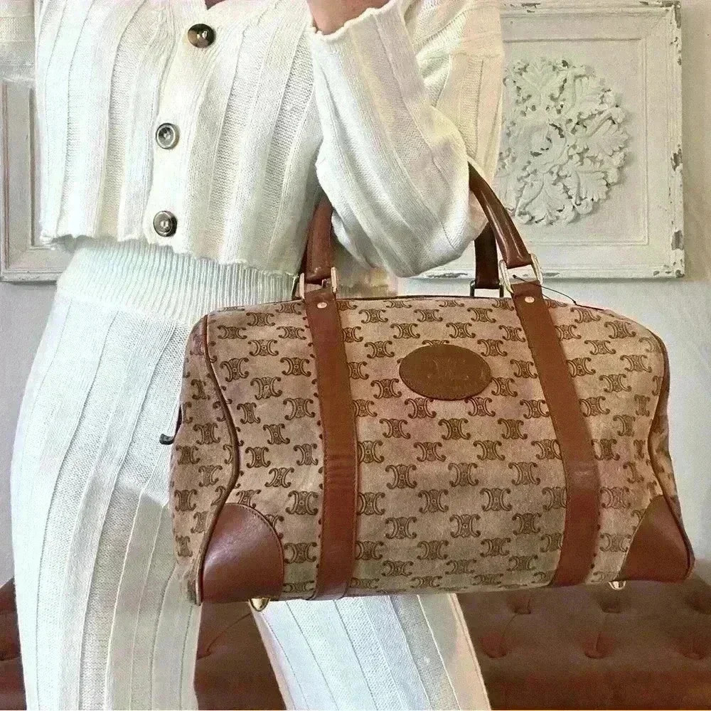 Authentic CELINE Blason pattern Suede Handbag Bostonbag Beige Vintage w/COA